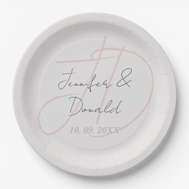 Calligraphy trendy classical script monogram paper plates (Front)