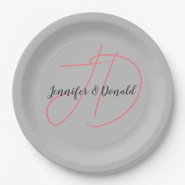 Calligraphy trendy classical script monogram paper plates (Front)