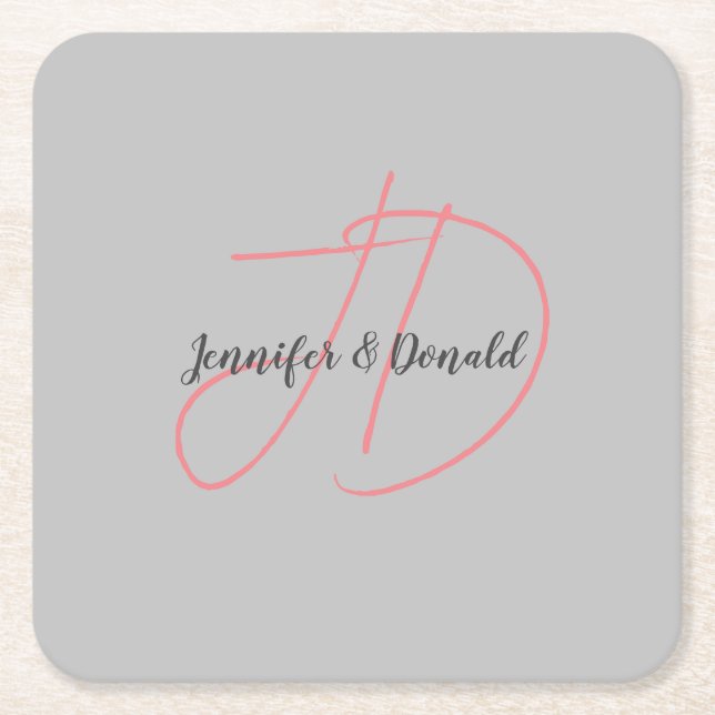 Calligraphy trendy classical script monogram square paper coaster (Front)