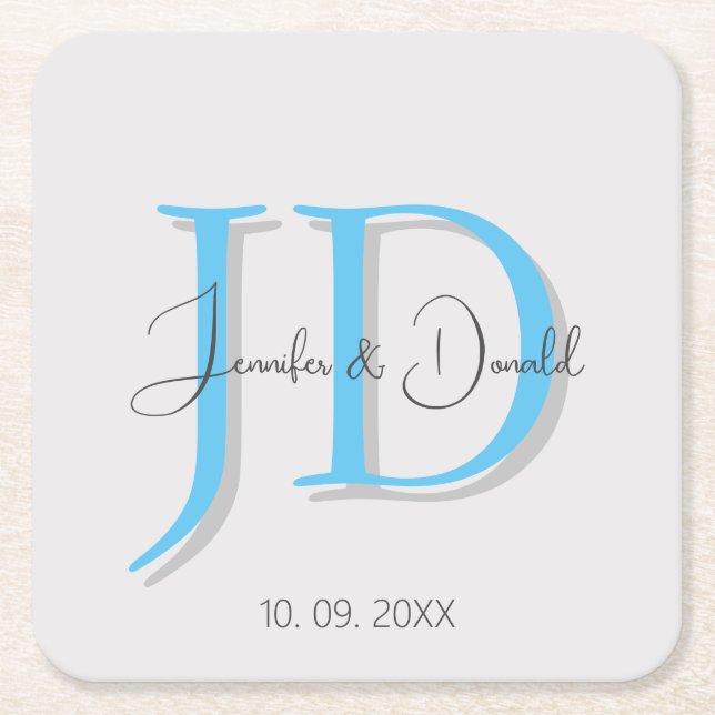 Calligraphy trendy classical script monogram square paper coaster (Front)