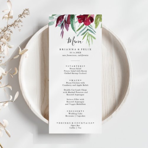 Calligraphy Tropical Colored Floral Dinner Menu