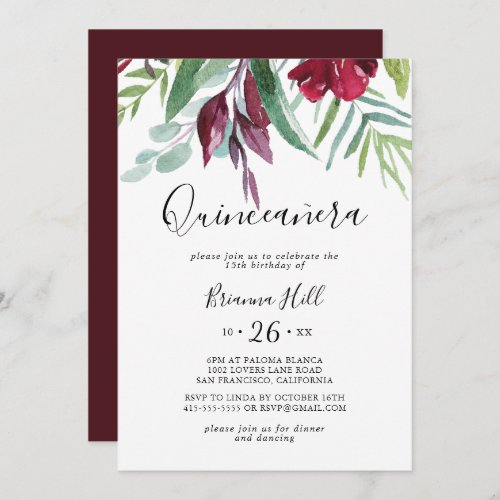 Calligraphy Tropical Colored Floral Quinceaera Invitation