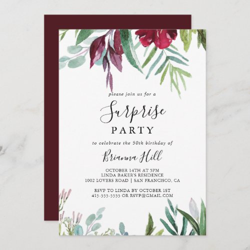 Calligraphy Tropical Colored Floral Surprise Party Invitation