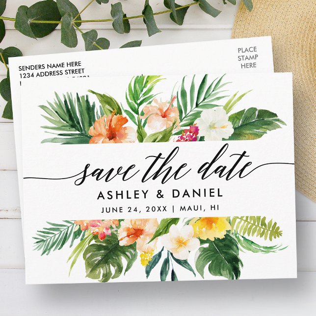 Calligraphy Tropical Coral Floral Save The Date Postcard (Customize to change your personalized text size or text style.)