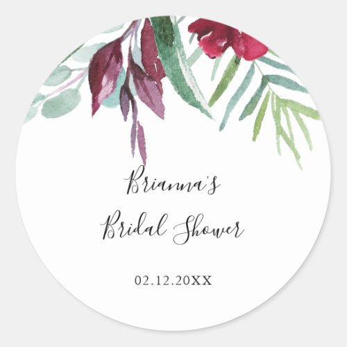Calligraphy Tropical Floral Bridal Shower Favor Classic Round Sticker