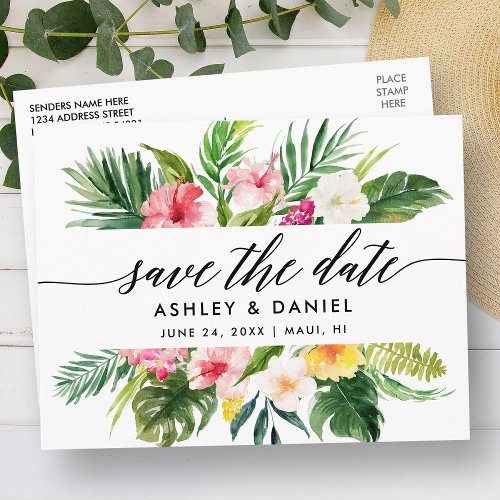 Calligraphy Tropical Floral Save The Date Postcard