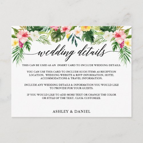 Calligraphy Tropical Floral Wedding Details Card