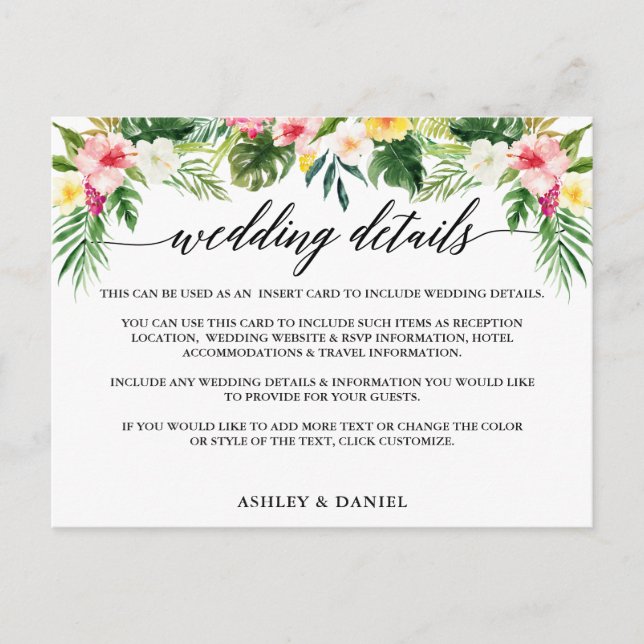 Calligraphy Tropical Floral Wedding Details Card (Front)