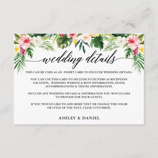 Calligraphy Tropical Floral Wedding Details Enclosure Card (Front)