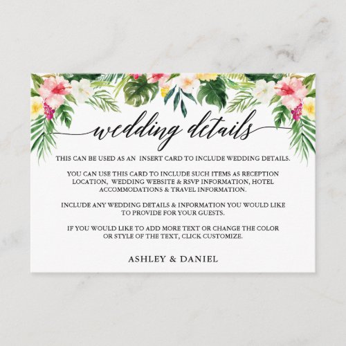 Calligraphy Tropical Floral Wedding Details Enclosure Card