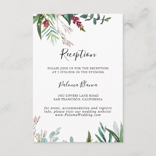 Calligraphy Tropical Floral Wedding Reception Enclosure Card