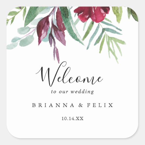 Calligraphy Tropical Floral Wedding Welcome Square Sticker