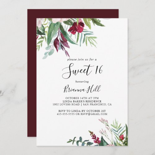 Calligraphy Tropical Sweet 16 Birthday Party Invitation