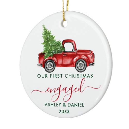 Calligraphy Truck First Christmas Engaged PHOTO Ceramic Ornament
