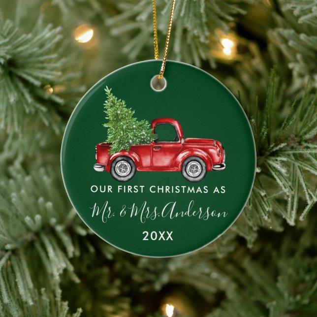 Calligraphy Truck First Christmas Mr. Mrs. Green Ceramic Ornament (Tree)