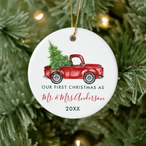 Calligraphy Truck Our First Christmas Mr Mrs Ceramic Ornament