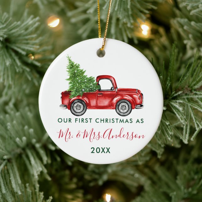Calligraphy Truck Our First Christmas Mr. Mrs. Ceramic Ornament (Tree)