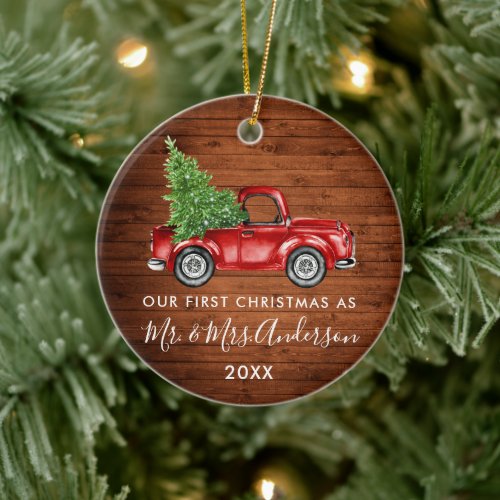 Calligraphy Truck Wood First Christmas Mr Mrs  Ceramic Ornament