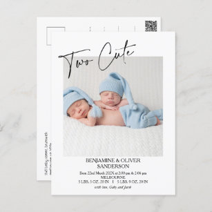Calligraphy Two Cute Twins Birth Announcement Postcard