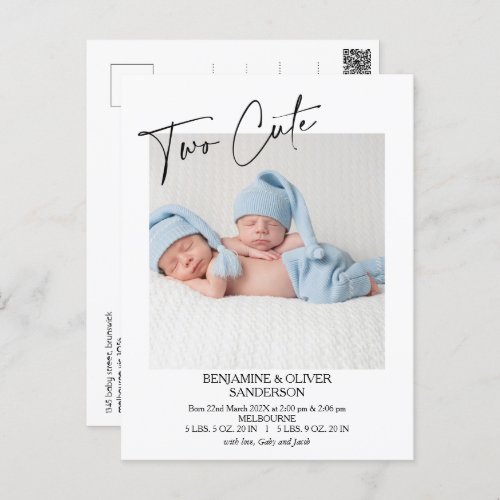 Calligraphy Two Cute Twins Birth Announcement Postcard