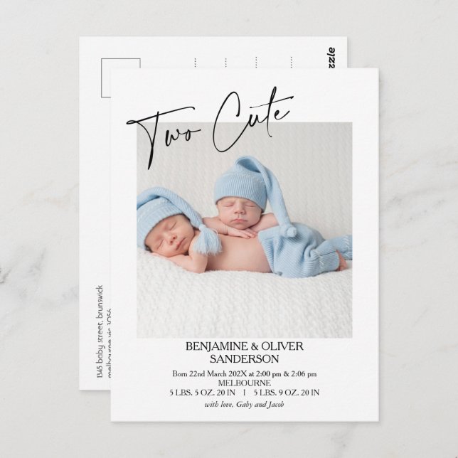 Calligraphy Two Cute Twins Birth Announcement Postcard (Front/Back)