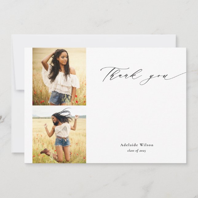 Calligraphy Two Photo Graduation Thank You Card (Front)