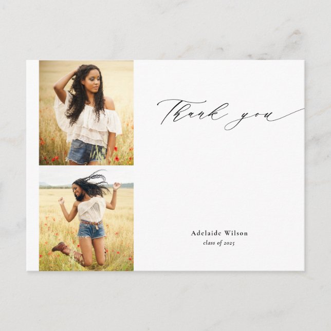 Calligraphy Two Photo Graduation Thank You Postcard (Front)