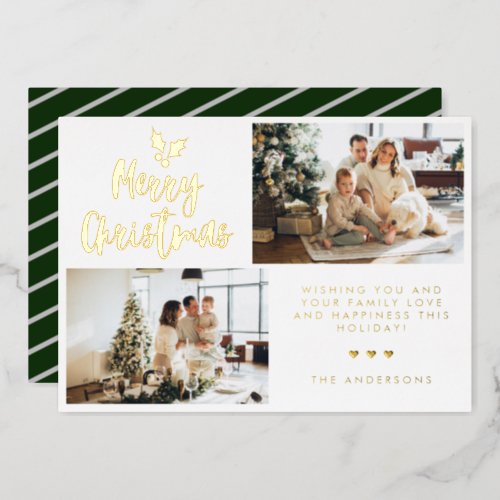 Calligraphy Two Photo Striped Collage Christmas Foil Holiday Card