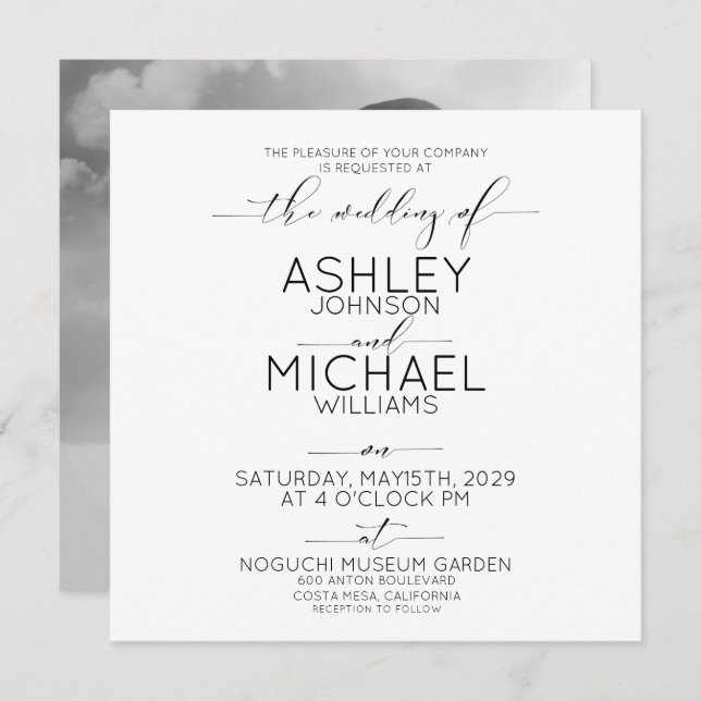 CALLIGRAPHY TYPOGRAPHY B&W Square Photo Wedding Invitation (Front/Back)