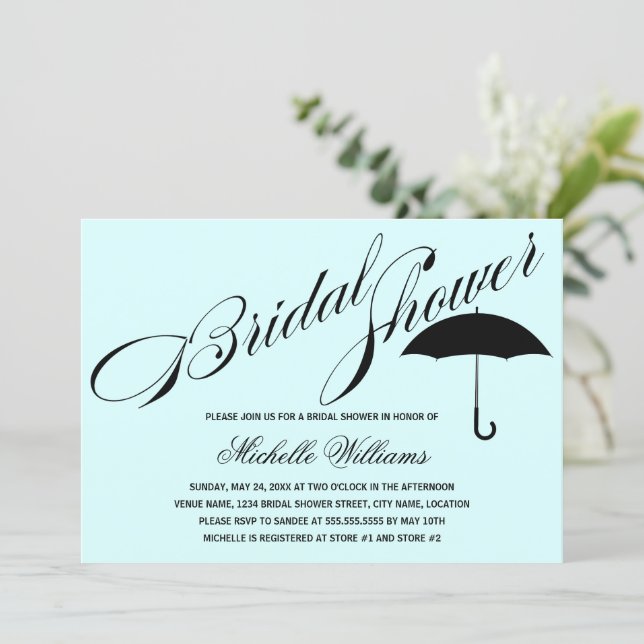 Calligraphy Umbrella Aqua Bridal Shower Invitation (Standing Front)