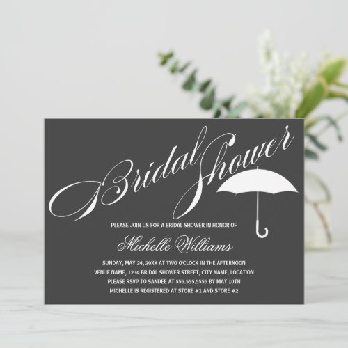 Calligraphy Umbrella Gray Bridal Shower Invitation