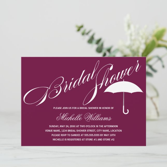 Calligraphy Umbrella Plum Bridal Shower Invitation (Standing Front)