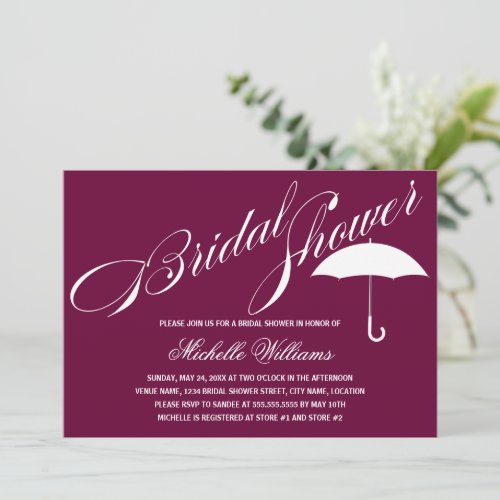 Calligraphy Umbrella Plum Bridal Shower Invitation