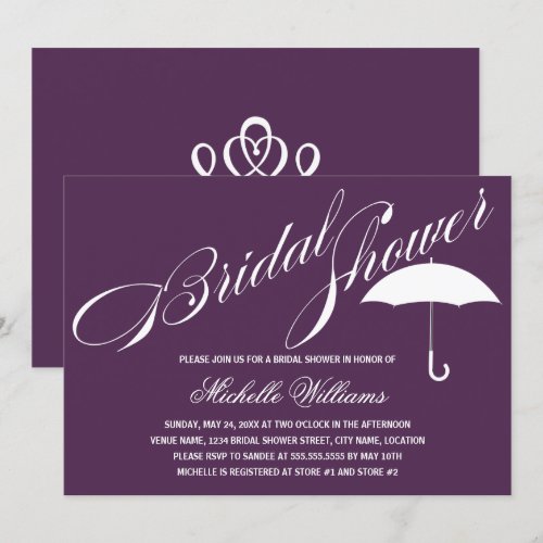Calligraphy Umbrella Purple Bridal Shower Invite