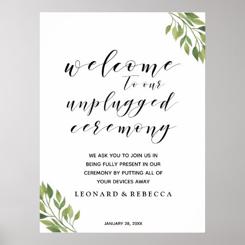 Calligraphy unplugged ceremony greenery sign