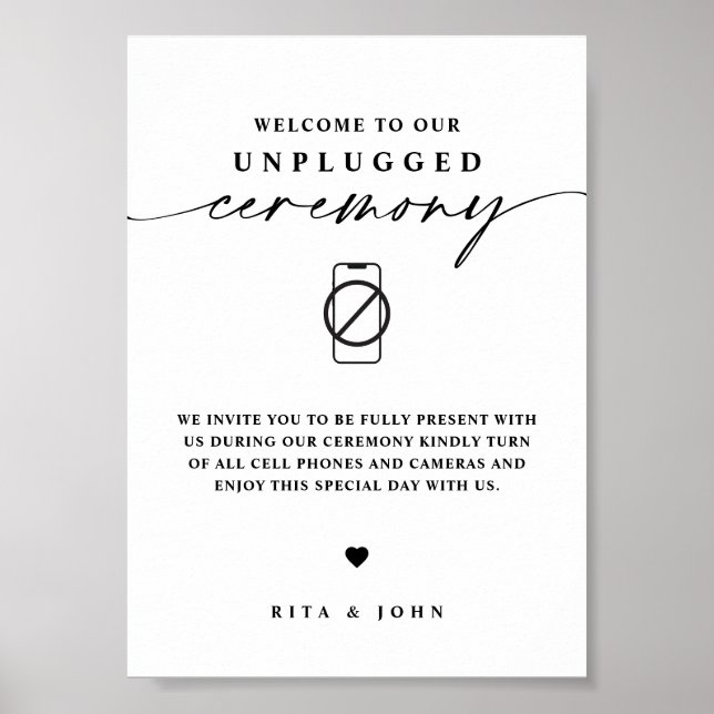 Calligraphy Unplugged Ceremony Wedding Sign (Front)
