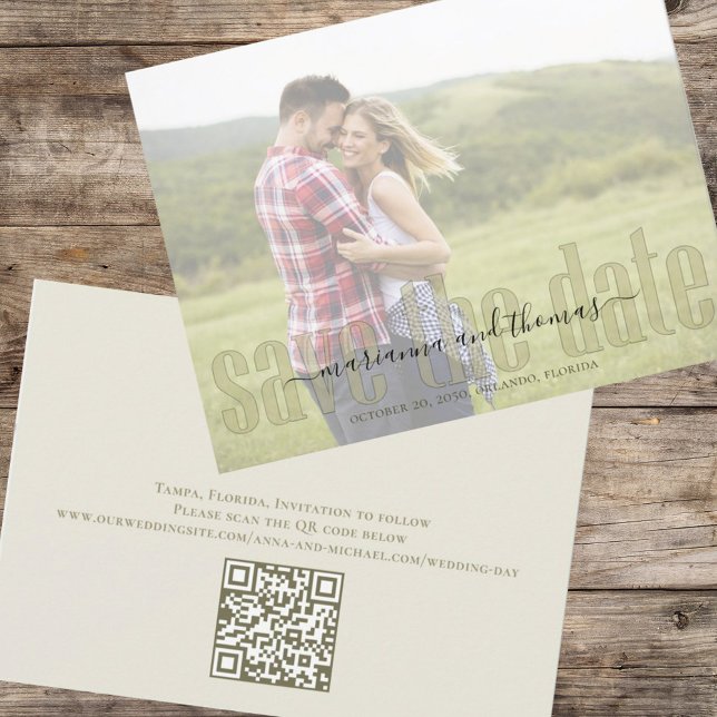 Calligraphy Vellum Simple Elegant Photo QR Code  Save The Date (Creator Uploaded)