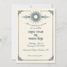 Calligraphy Vintage Blue Sun Wedding Invitation