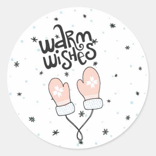 Calligraphy Warm Wishes Christmas Mittens Classic Round Sticker