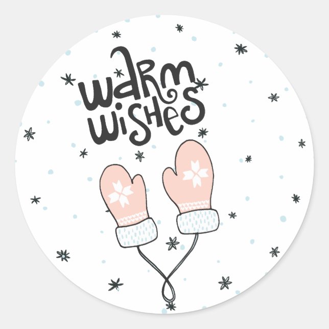 Calligraphy Warm Wishes Christmas Mittens Classic Round Sticker (Front)