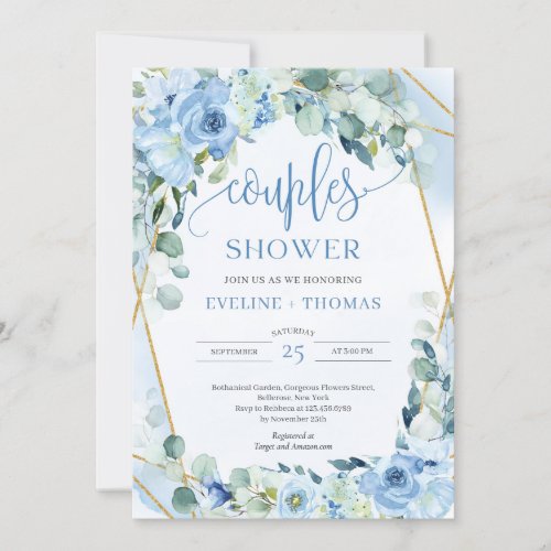 Calligraphy watercolor blue floral couples shower invitation