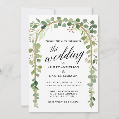 Calligraphy Watercolor Botanical Gold Arch Wedding Invitation