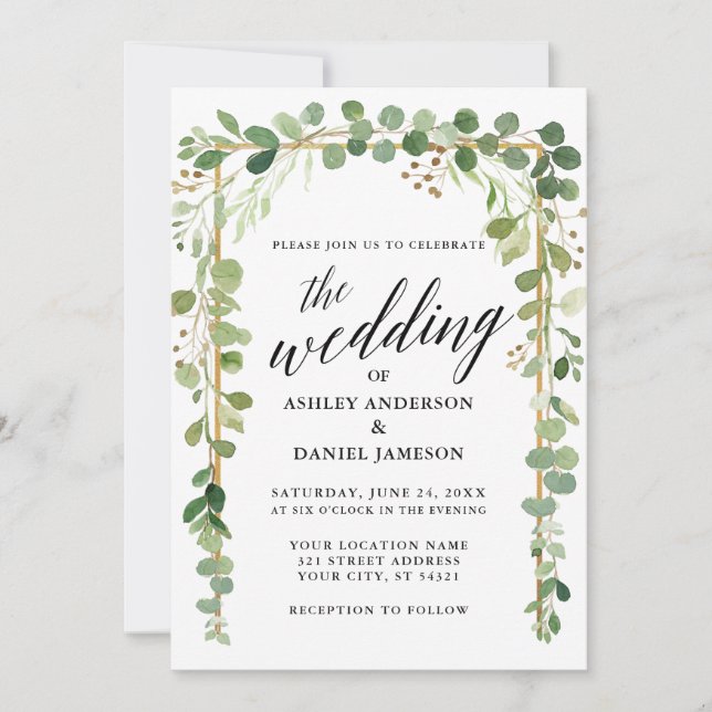 Calligraphy Watercolor Botanical Gold Wedding Invitation (Front)