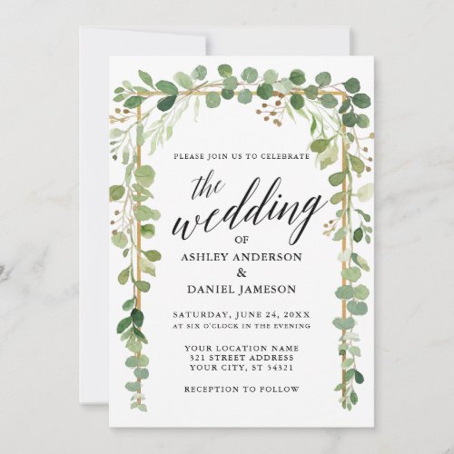 Calligraphy Watercolor Botanical Gold Wedding Invitation