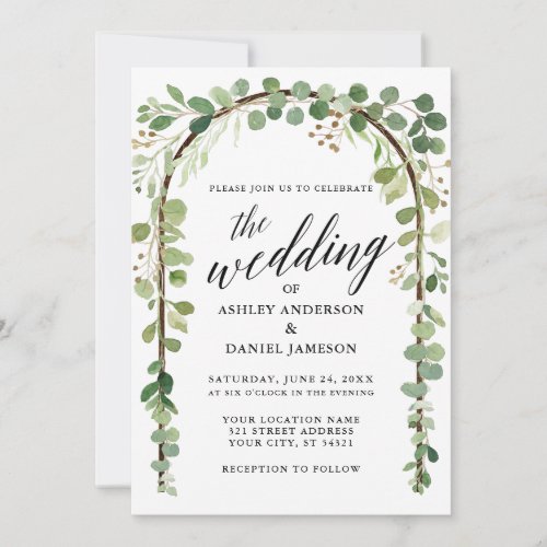 Calligraphy Watercolor Botanical Wood Arch Wedding Invitation