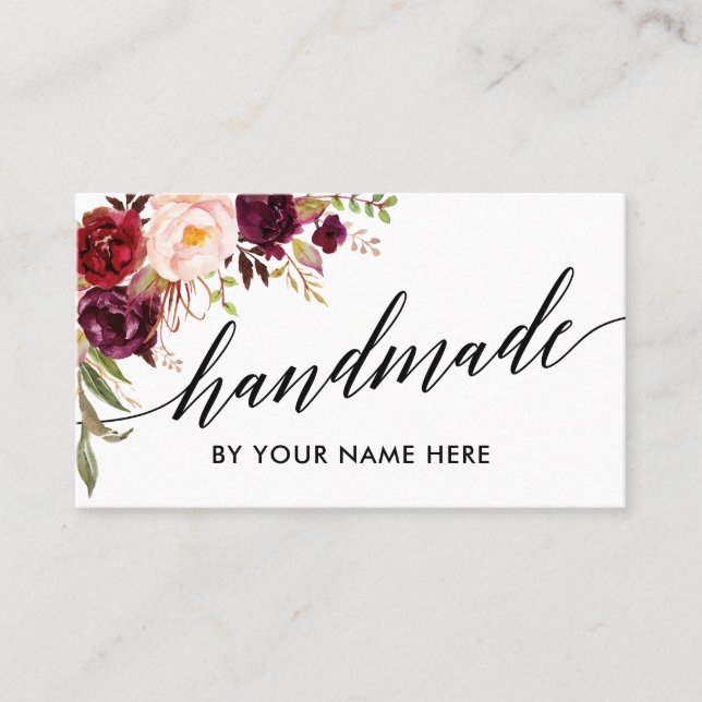Calligraphy Watercolor Burgundy Floral Hand Made Business Card (Front)