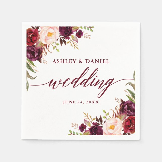 Calligraphy Watercolor Burgundy Floral Wedding Napkins (Front)