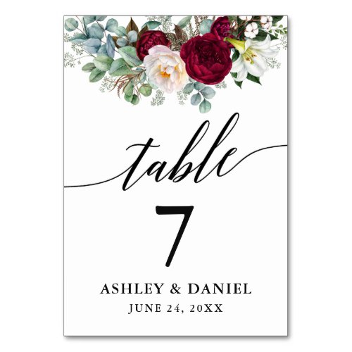 Calligraphy Watercolor Burgundy Floral Wedding Table Number