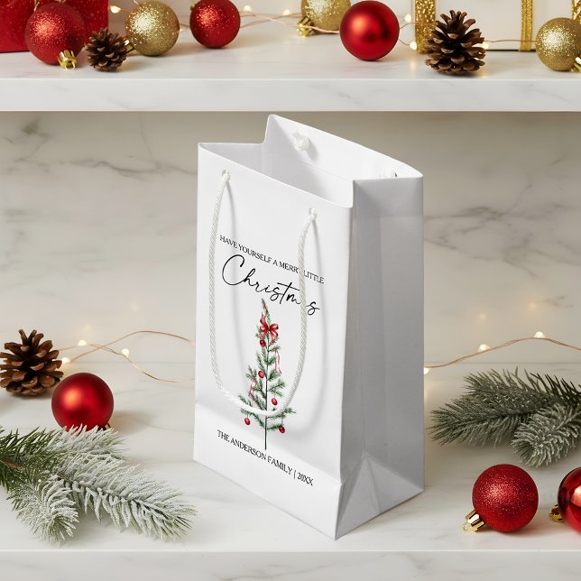 Calligraphy Watercolor Christmas Tree Red Bow Small Gift Bag (Customize to change your personalized text size or text style.)