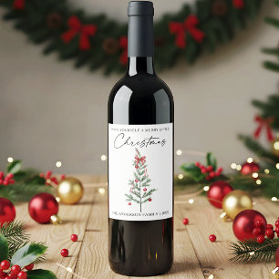 Calligraphy Watercolor Christmas Tree Red Bow Wine Label
